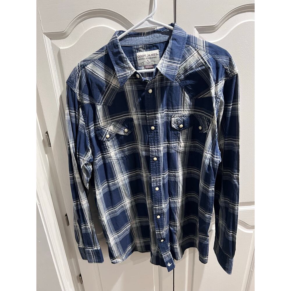 Cody James Men’s Plaid Western Snap Shirt Blue White Pearl Snaps Size XL